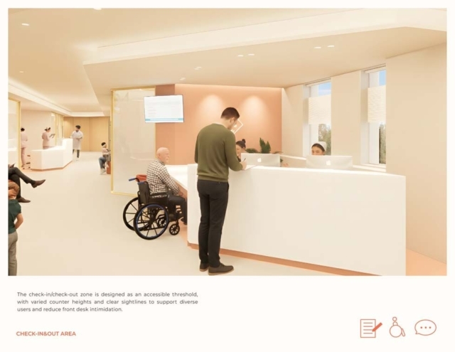A bright, accessible check-in area features varied counter heights and seating for diverse users, enhancing comfort and reducing intimidation.