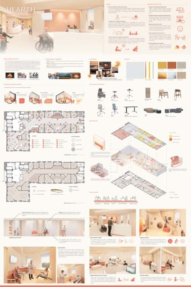A design presentation featuring conceptual layouts for spaces, including seating arrangements, color palettes, and accessibility features.