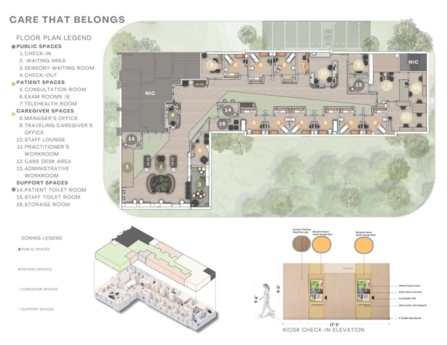 Floor plan illustrating a healthcare facility's layout, highlighting public, patient, caregiver, and support spaces along with check-in details.