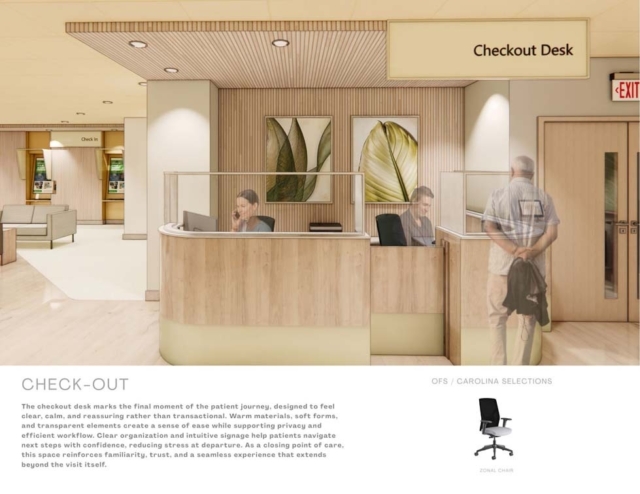The checkout area features a welcoming desk with warm decor, seating for patients, and clear signage, promoting a calm atmosphere.