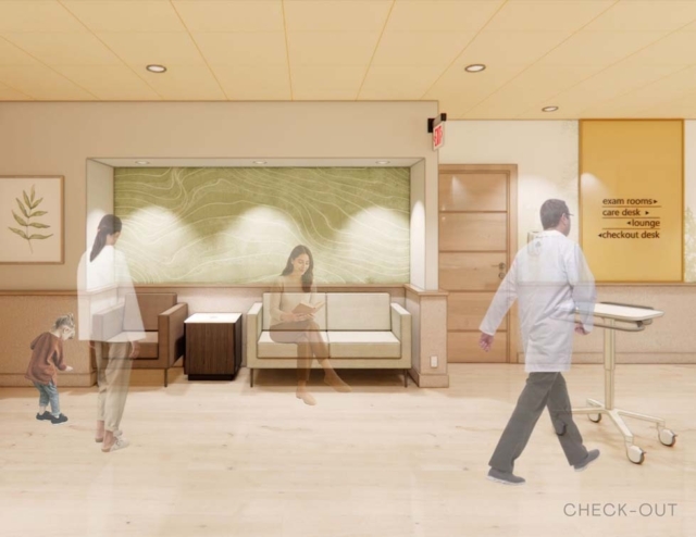A modern waiting area featuring a sofa, a child playing, and a healthcare professional walking. Light decor and signage enhance the space.