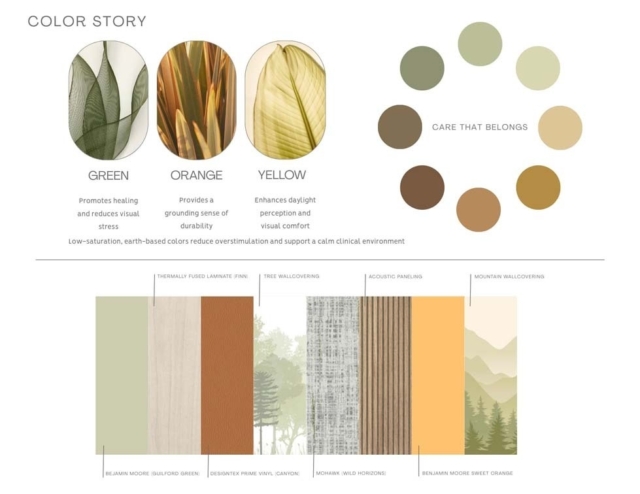 A color palette highlighting green, orange, and yellow, emphasizing their benefits in creating calm clinical environments and visual comfort.