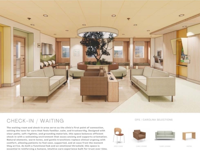 The waiting area features modern seating, green plants, and natural light, creating a calm and welcoming environment for patients.