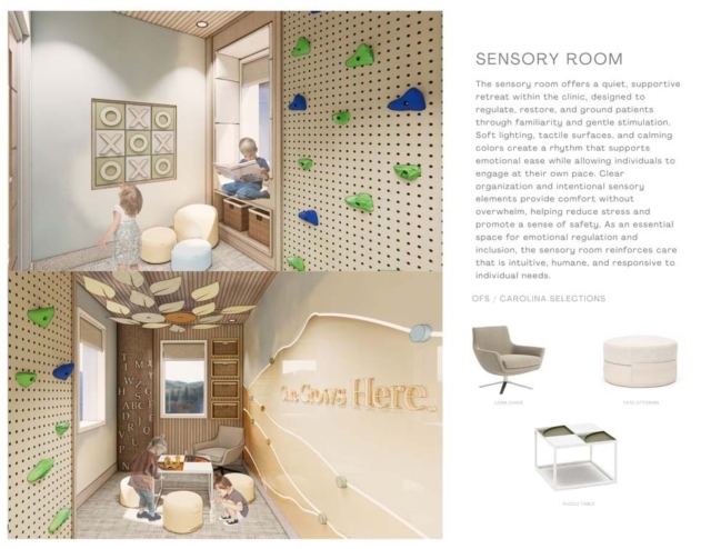 Bright, calming sensory room featuring soft lighting, tactile elements, and cozy seating, designed for emotional regulation and comfort.