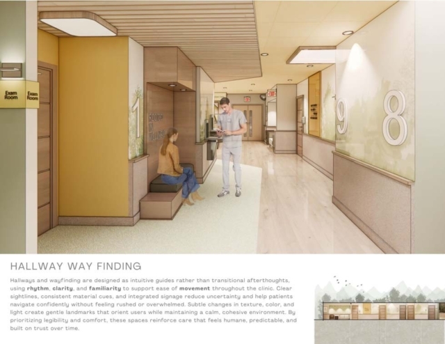 A well-designed clinic hallway with soothing colors, clear signage, and seating areas, promoting intuitive navigation for visitors.