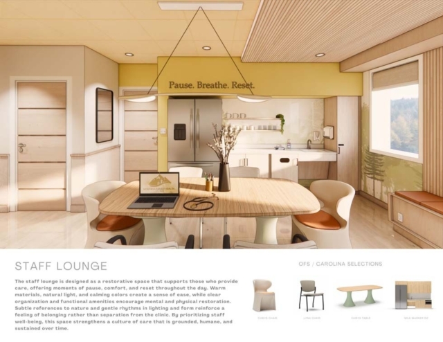 A modern staff lounge features a warm color scheme, inviting furniture, a dining table, and motivational wall decor to promote relaxation.