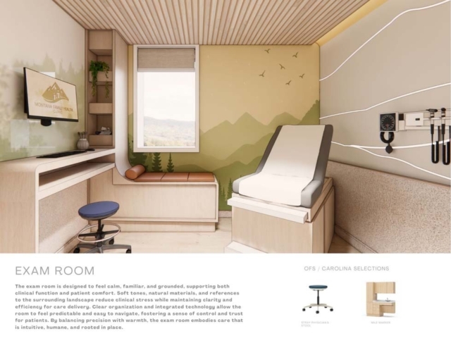 Bright and calming exam room featuring natural materials, modern medical equipment, and a mountain-themed mural for patient comfort.
