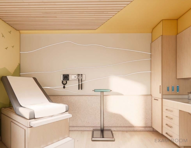 Bright, serene exam room featuring a white examination table, medical equipment on the wall, and cabinets with a modern design.