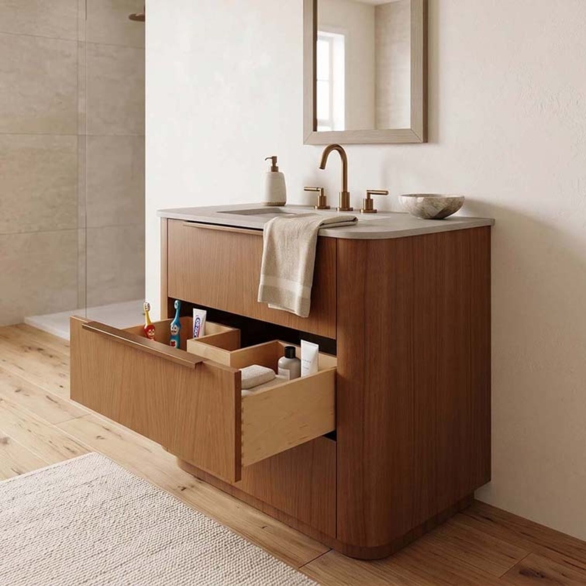 Warm wooden bathroom vanity with open drawer showing toothbrushes, toothpaste, bottles and folded towels under a brass faucet and mirror.