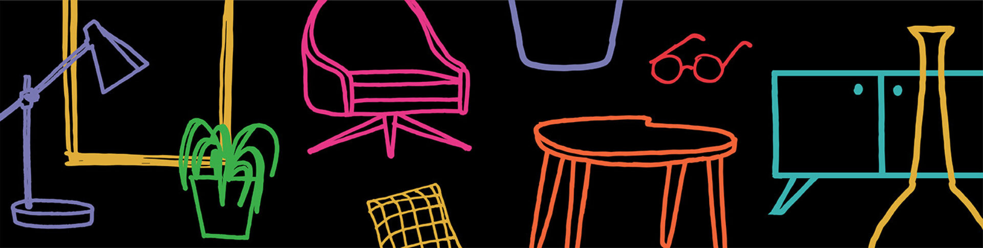 Colorful outlines of various furniture items, including a chair, table, lamp, plant, and decorative pieces, on a black background.
