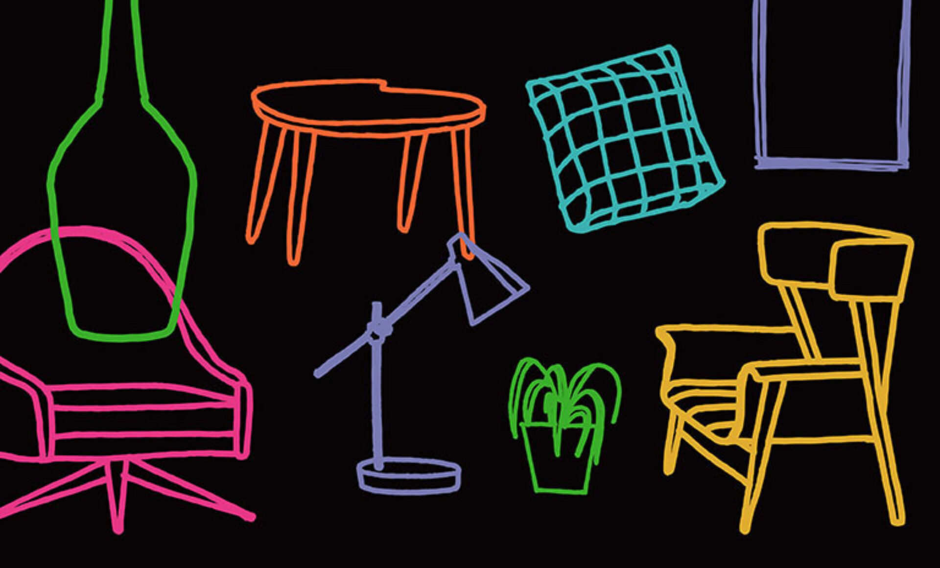 Neon line drawings on black background of a pink lounge chair, orange table, yellow armchair, teal grid cushion, lamp, vase and plant.