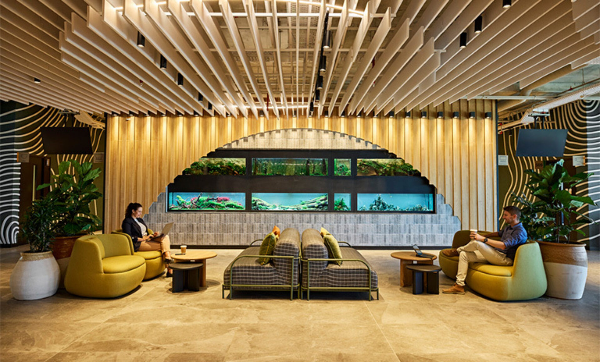 Modern lounge with wooden ceiling slats, arched tiered aquariums in a curved wall, large plants, low tables and two people seated.