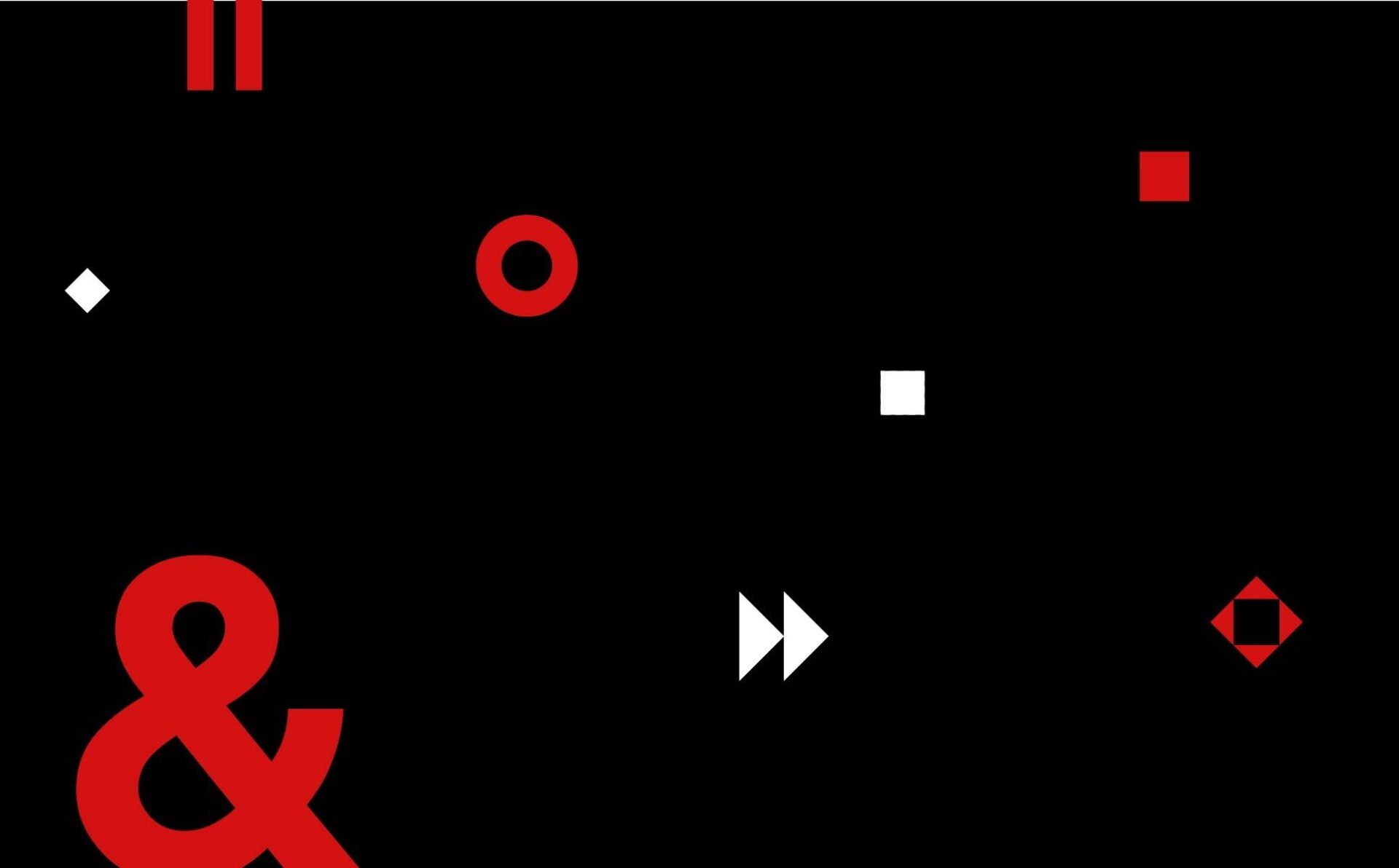 A black background features various geometric shapes in red and white, including circles, squares, and triangles, arranged creatively.