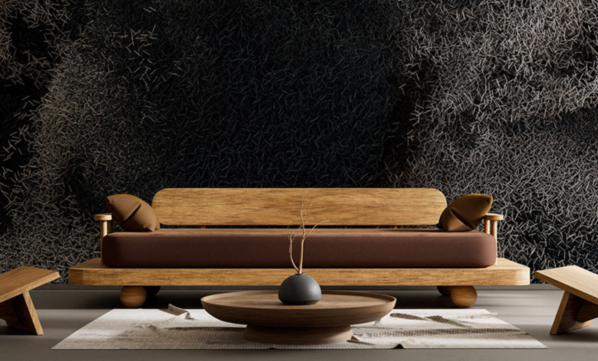 A modern living space featuring a wooden sofa with brown cushions, a round coffee table, and a textured black wall in the background.