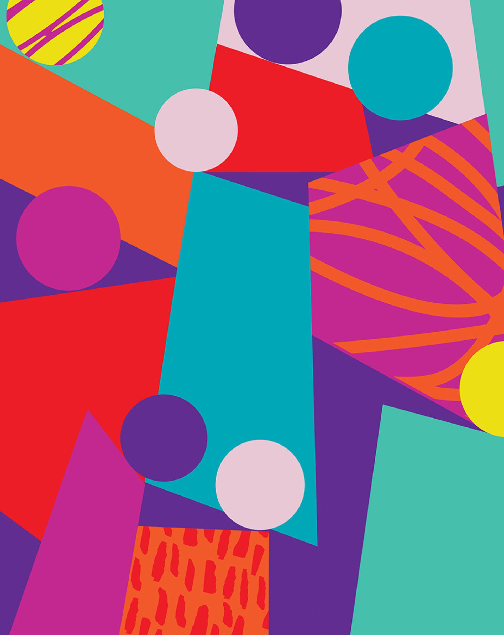 Brightly colored geometric shapes, including circles and triangles, overlap in a playful arrangement on a vibrant background.