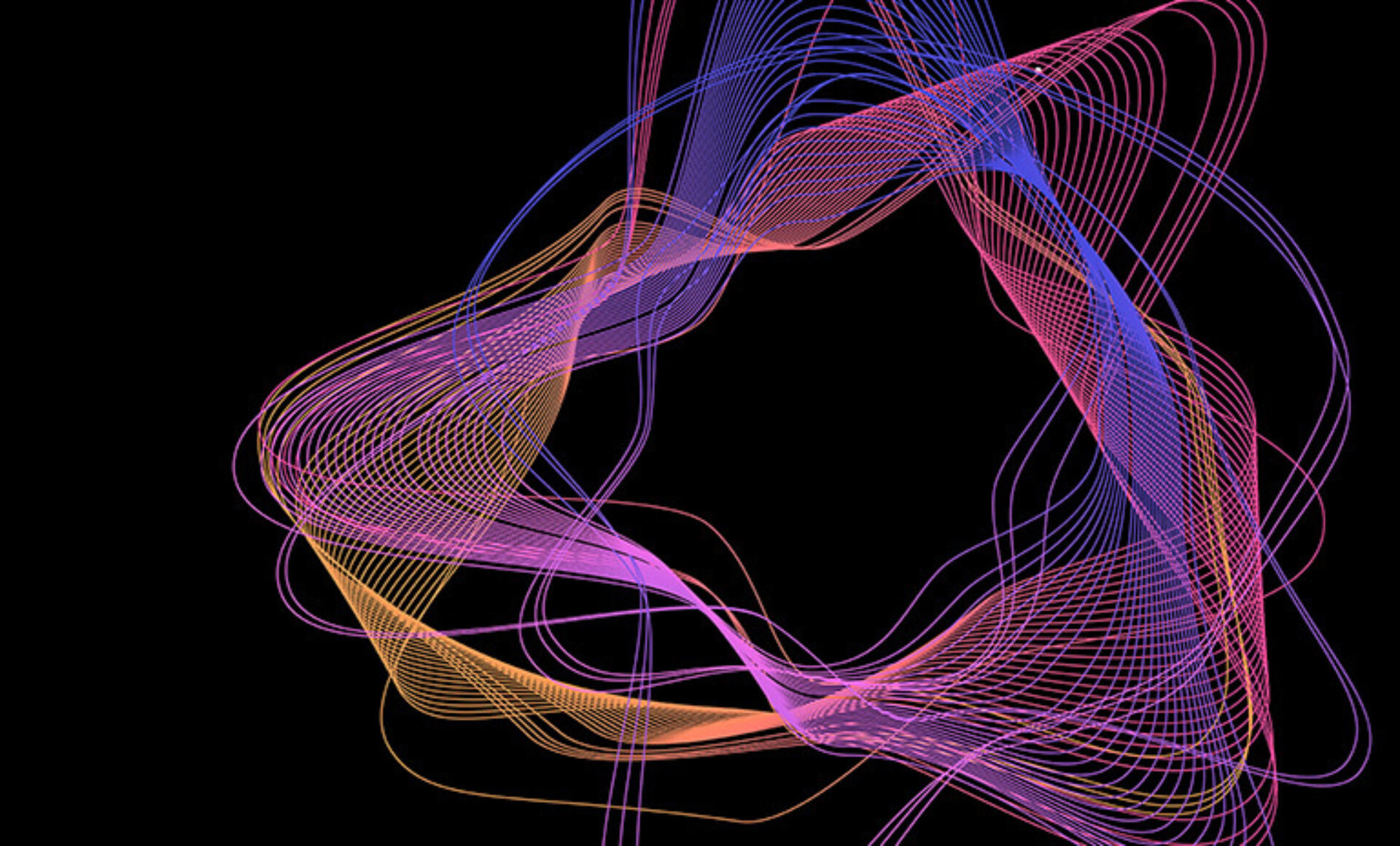 Thin layered neon ribbons in purple, pink, blue and orange weave into a twisting, open star-shaped loop on a deep black background.