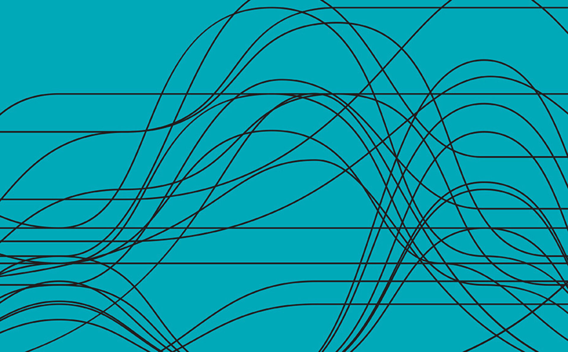 A vibrant turquoise background features dynamic black lines that ripple and intertwine, creating an abstract wave-like pattern.