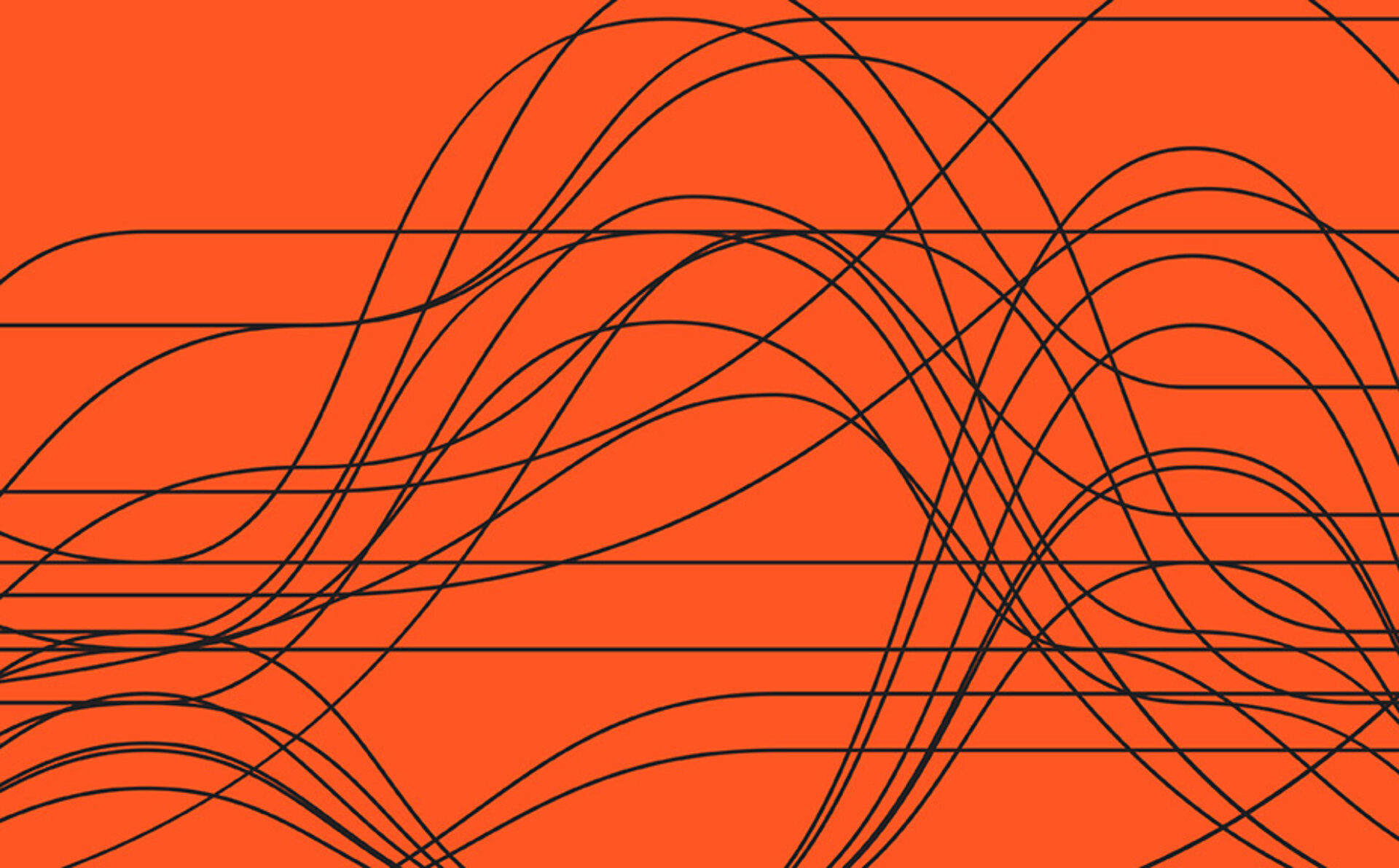 A vibrant orange background features dynamic black lines curving and intersecting, creating a lively and abstract visual composition.