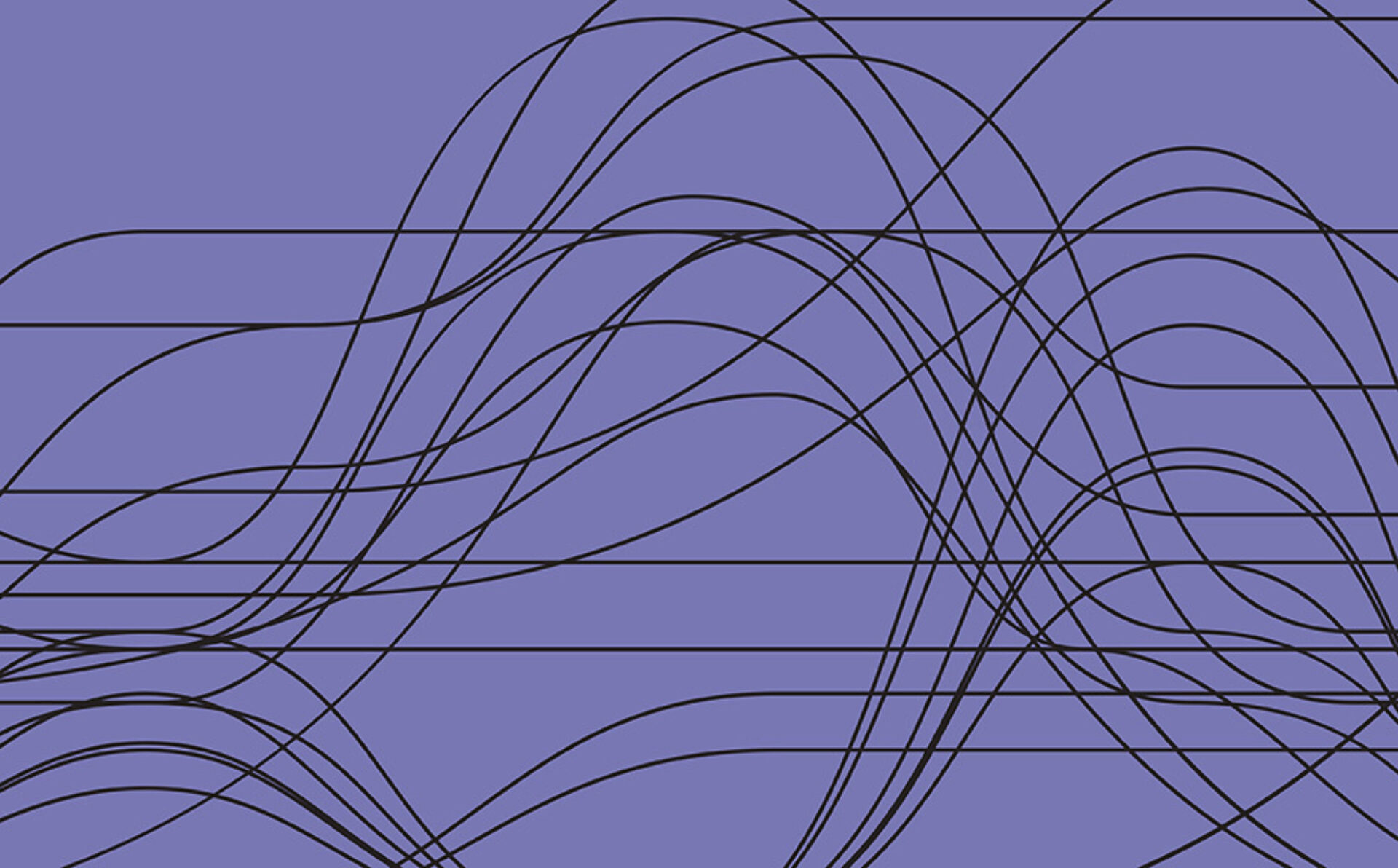 Fluid black lines undulate against a soft purple background, creating a dynamic wave-like pattern that suggests movement and rhythm.