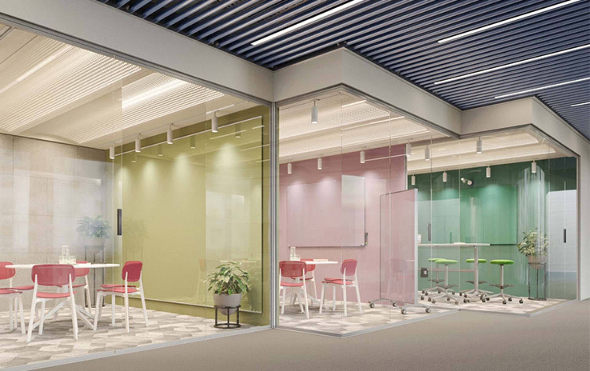 Three glass-walled office pods with green, pink and teal interiors, red and green seating, white tables, potted plants and slatted ceiling.