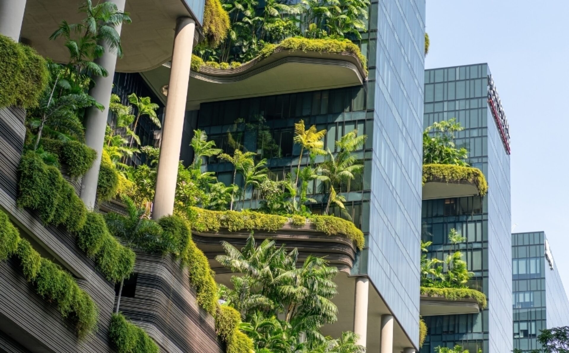 Glass high-rise with curving terraces and pillars, each level lush with tropical palms, ferns and cascading greenery on a glass facade.