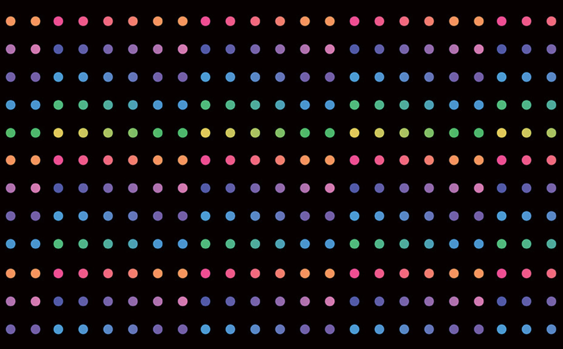 Regular grid of pastel rainbow dots on black background, evenly spaced colorful circles forming neat horizontal rows and columns.
