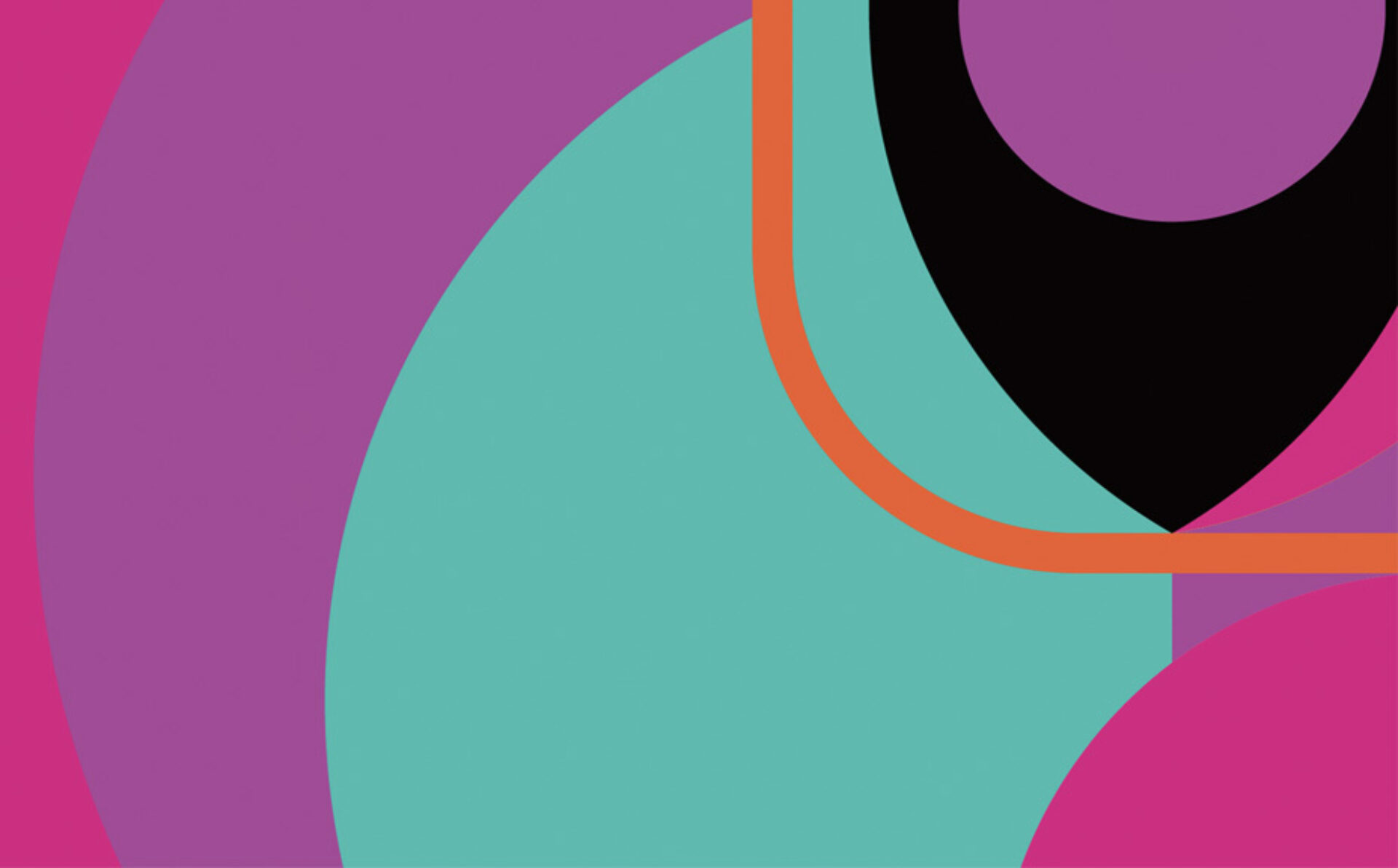 Vibrant geometric shapes in varied colors, including teal, pink, and black, create an abstract design with curved lines and forms.