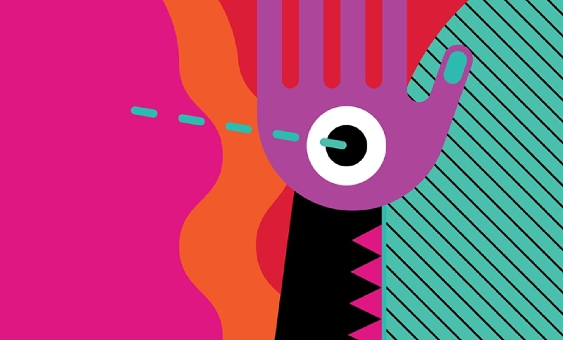 A colorful abstract design featuring a stylized hand with an eye, layered shapes, and vibrant patterns in pink, orange, and teal.