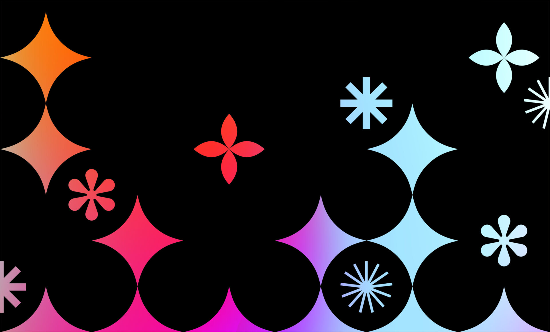 A vibrant design featuring colorful geometric shapes including stars, blossoms, and circular patterns against a black background.