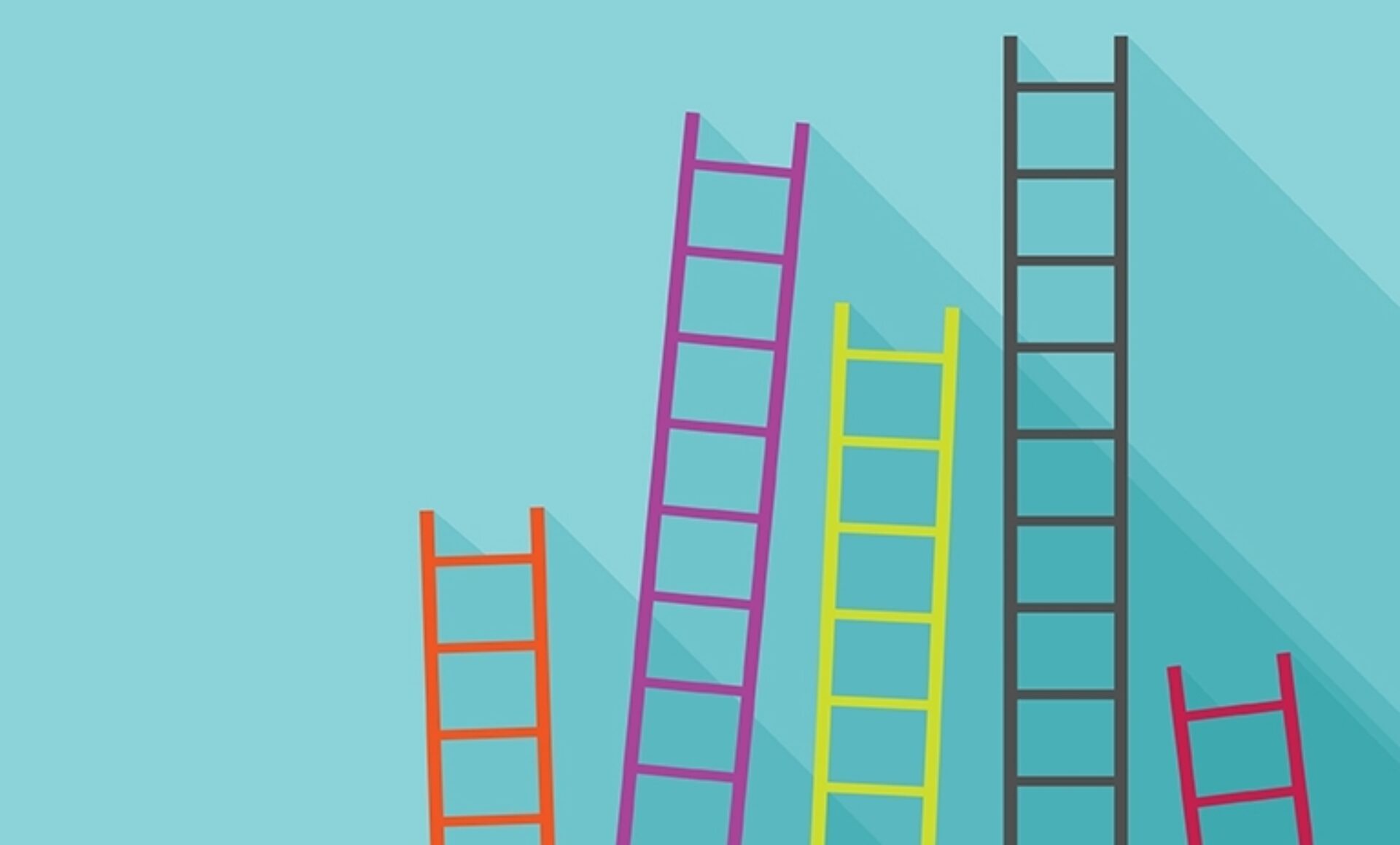 Colorful ladders in shades of red, purple, yellow, and black lean at varying angles against a soft blue background, creating a playful visual.