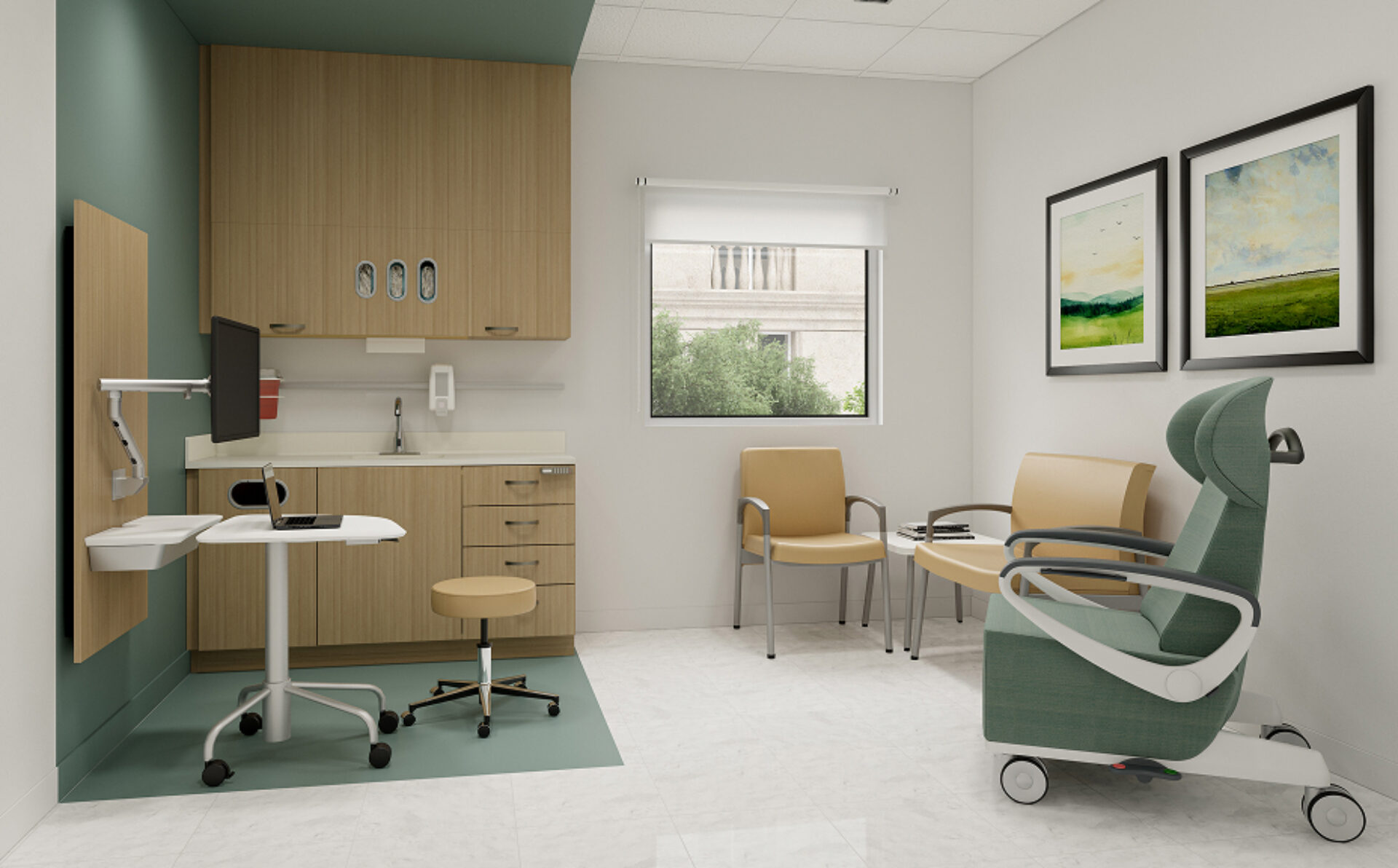 Bright clinical exam room with green reclining wheeled chair, two beige visitor chairs, wooden cabinets, sink, monitor arm, and window view.