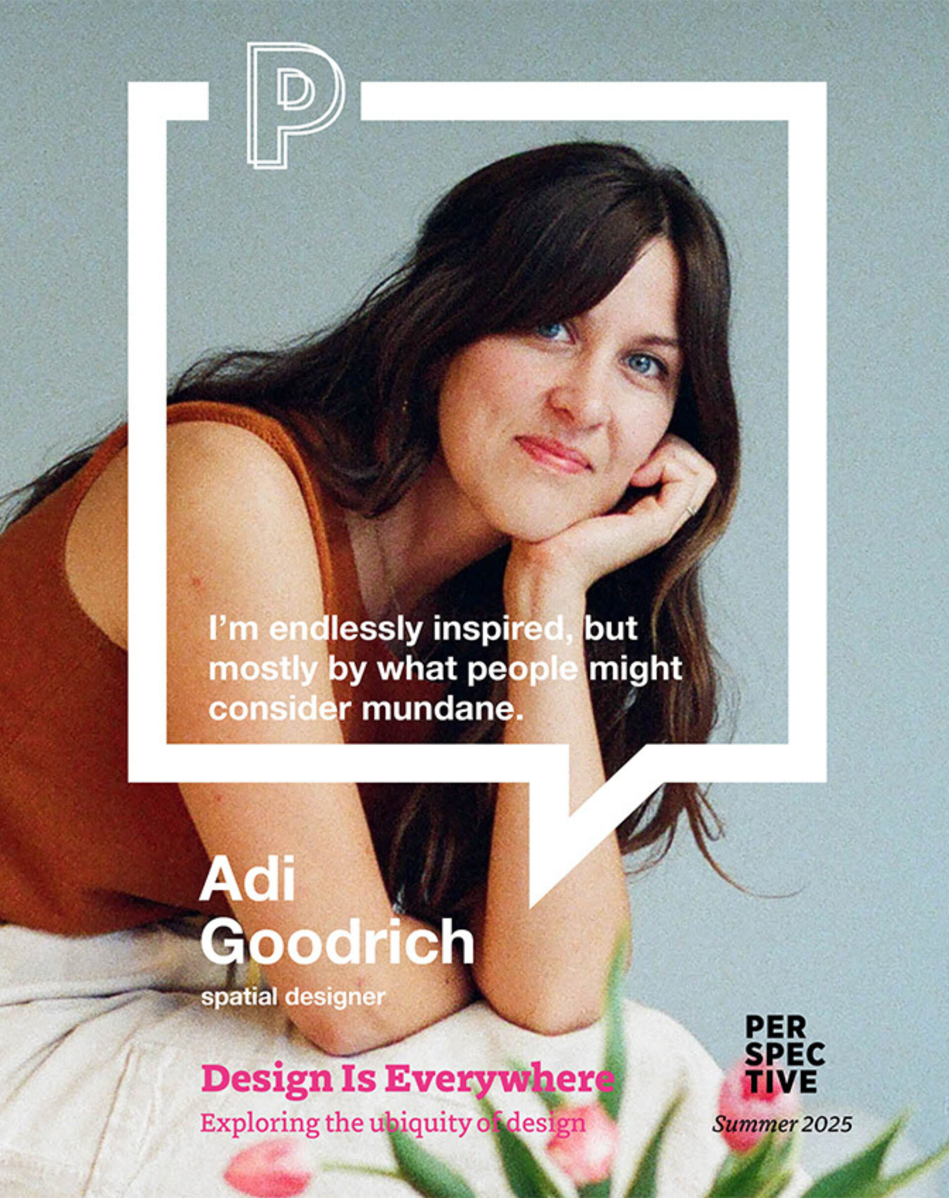 Young woman with long brown hair and blue eyes leans on her hand inside a white speech-bubble frame over a pale gray magazine-style cover.