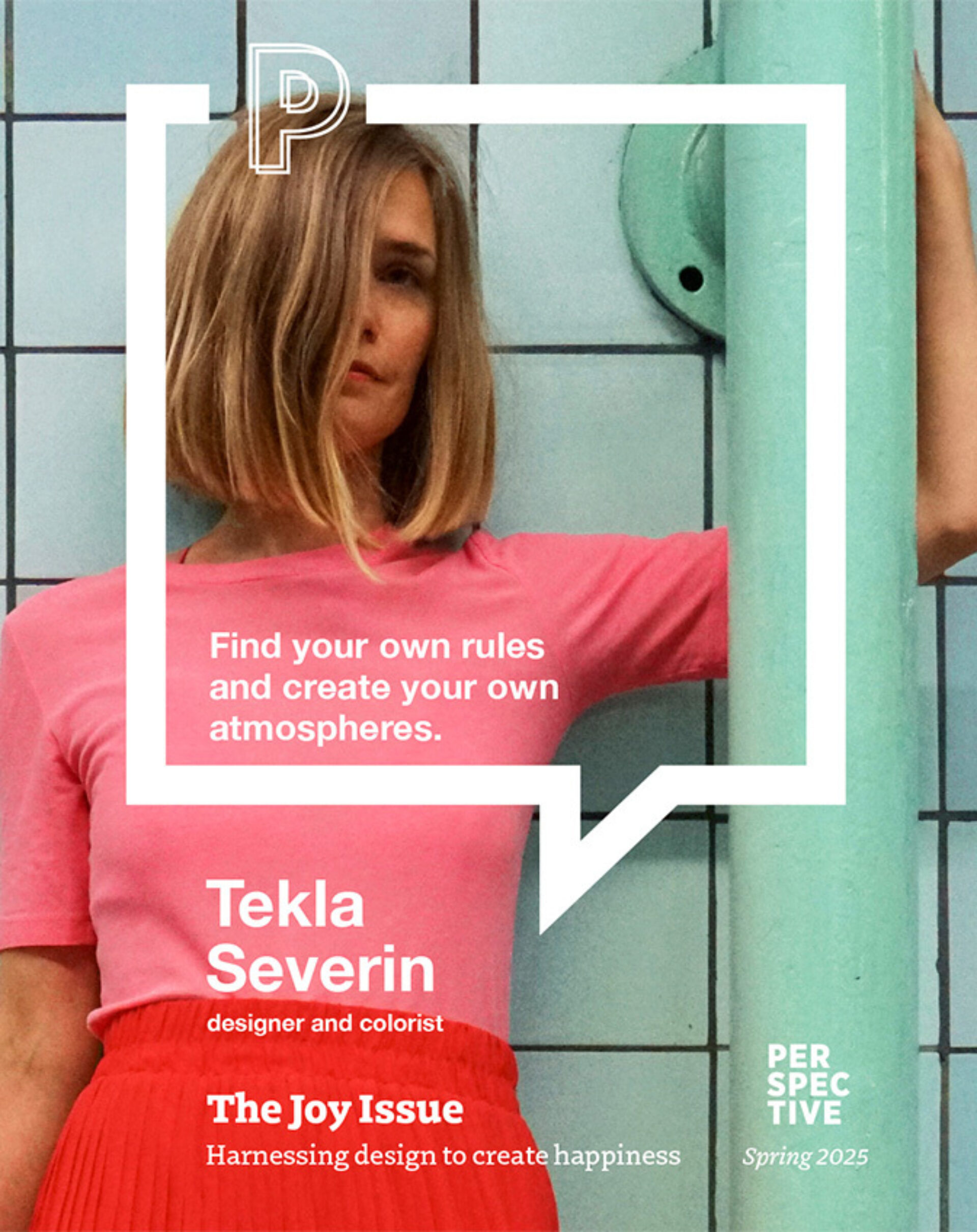Blonde woman in pink tee and red skirt leans against mint-green tiled wall and pipe, framed by bold white speech-bubble graphic and text.