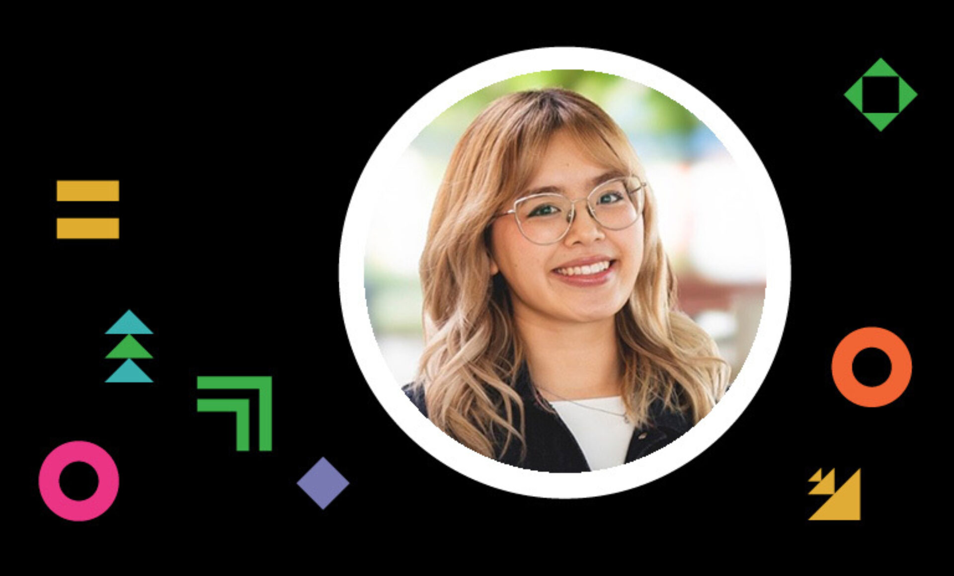 Smiling woman with wavy blonde hair and round glasses wearing a black blazer, framed in a white circle on black with colorful shapes.