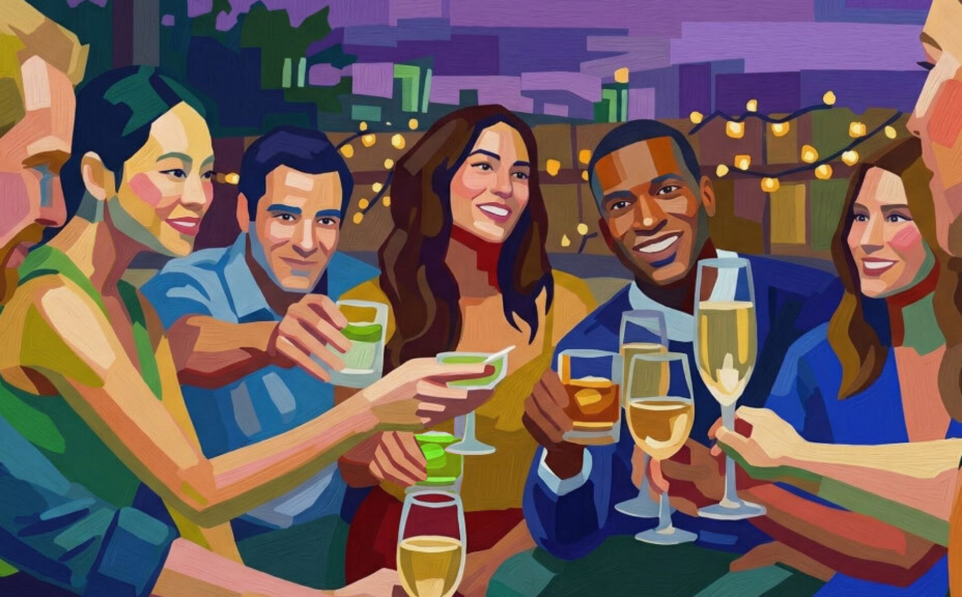 A lively gathering of diverse friends raises their glasses in celebration, surrounded by warm lights and a joyful atmosphere.
