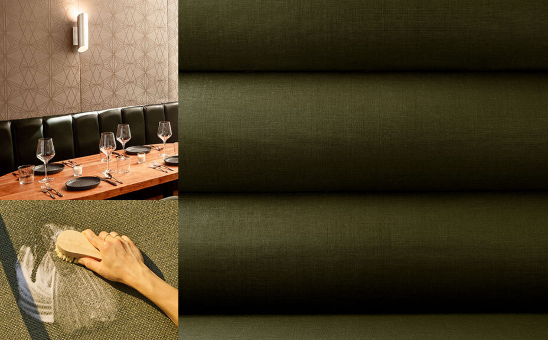 The image showcases a restaurant interior with an elegant table setting and textured green fabric, highlighting maintenance with a brush.