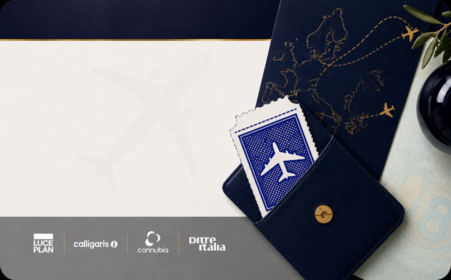 Navy travel wallet with a blue boarding pass showing a white airplane, on a Europe map with gold flight paths and an olive sprig.