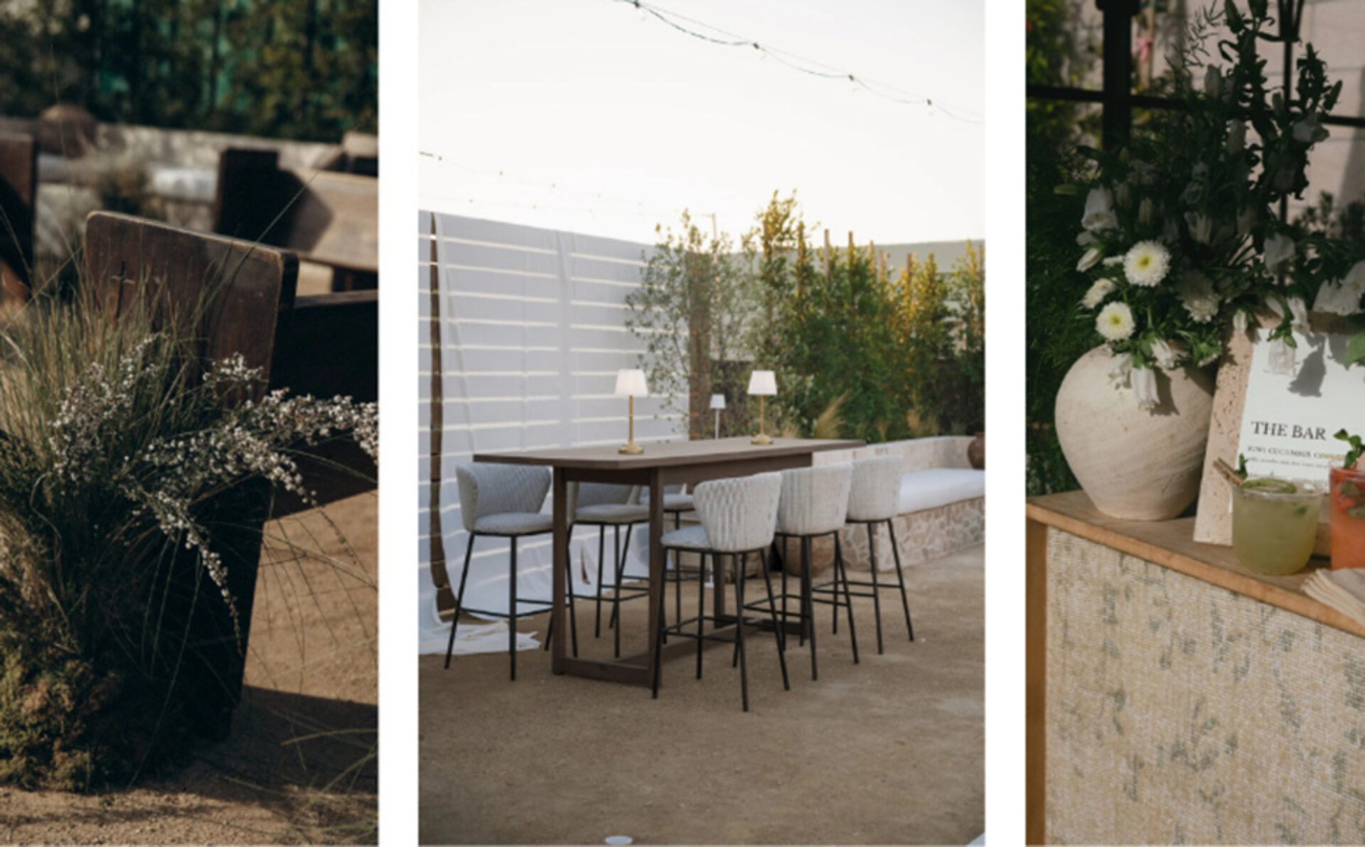 Triptych view of a rustic outdoor bar: center high table with six padded bar stools and tabletop lamps under string lights, plants behind.