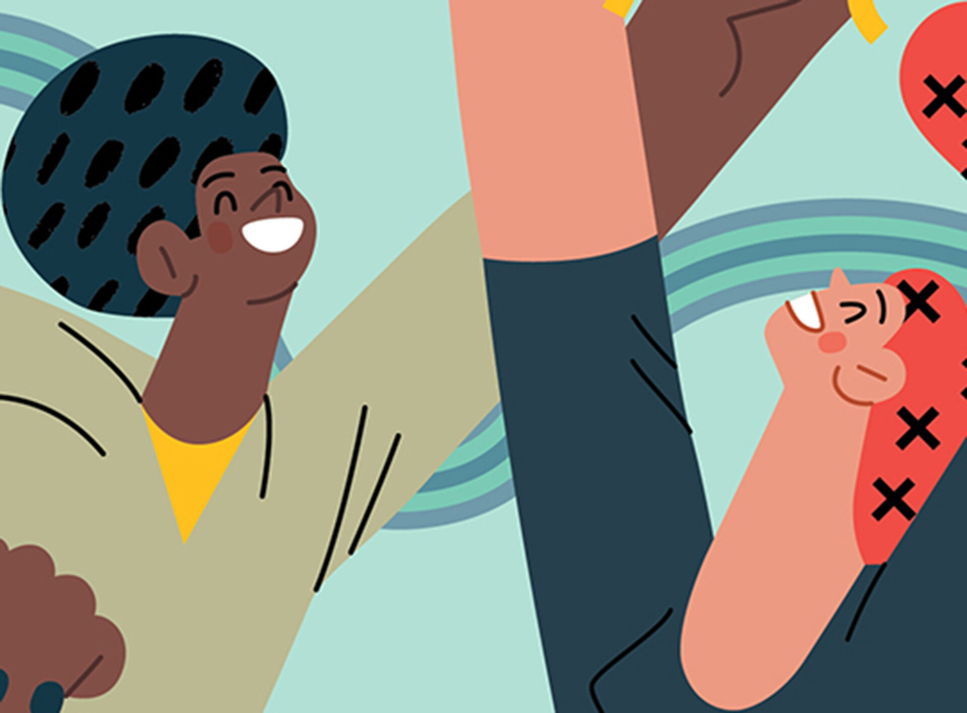Colorful flat illustration showing two people with raised arms: a dark-skinned person with dotted afro and a red-haired person smiling.