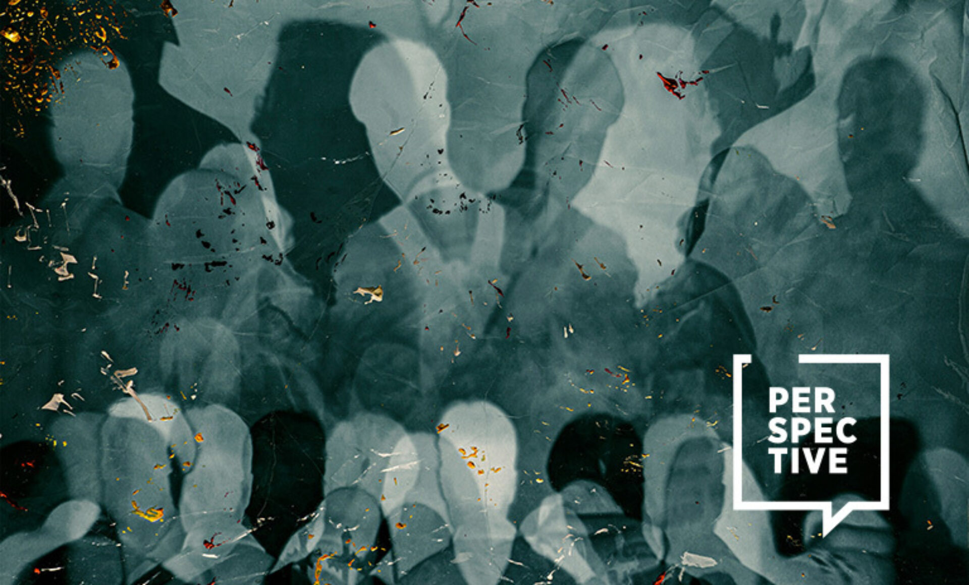 A blurred silhouette of multiple figures appears against a textured background, featuring scattered elements and the word "PERSPECTIVE."