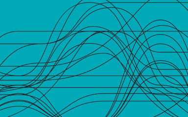A vibrant turquoise background features dynamic black lines that ripple and intertwine, creating an abstract wave-like pattern.