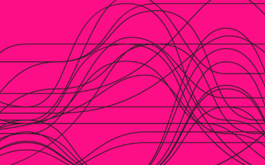 A vibrant pink background features numerous black lines and curves, creating a dynamic, abstract pattern that evokes movement and flow.
